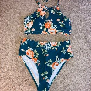 NWT Cupshe Teal Floral Scalloped Bikini, medium